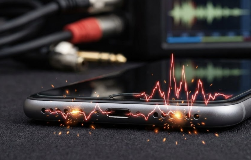 Close-up of a smartphone bottom speaker grill emitting jagged red distortion waves, visualizing phone speaker crackling and buzzing audio issues.